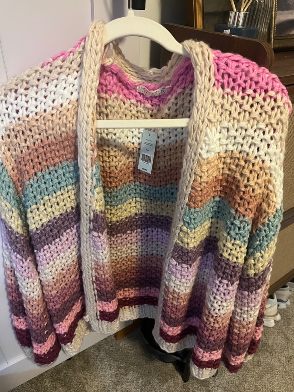 Chunky Multicolor Crochet Open Cardigan Sweater - Pink, Cream & Pastel Stripes